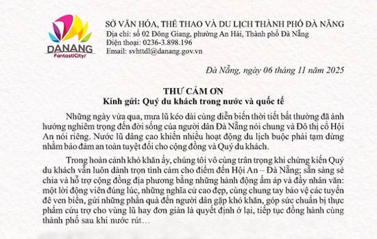 Thư cảm ơn của Sở Văn hóa Thể thao và Du lịch thành phố Đà Nẵng